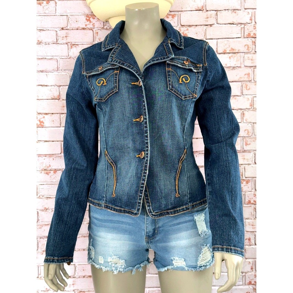 Rocawear Womens Denim Moto Jacket Blue Dark Wash Y2K Hip Hop Streetwear Size L